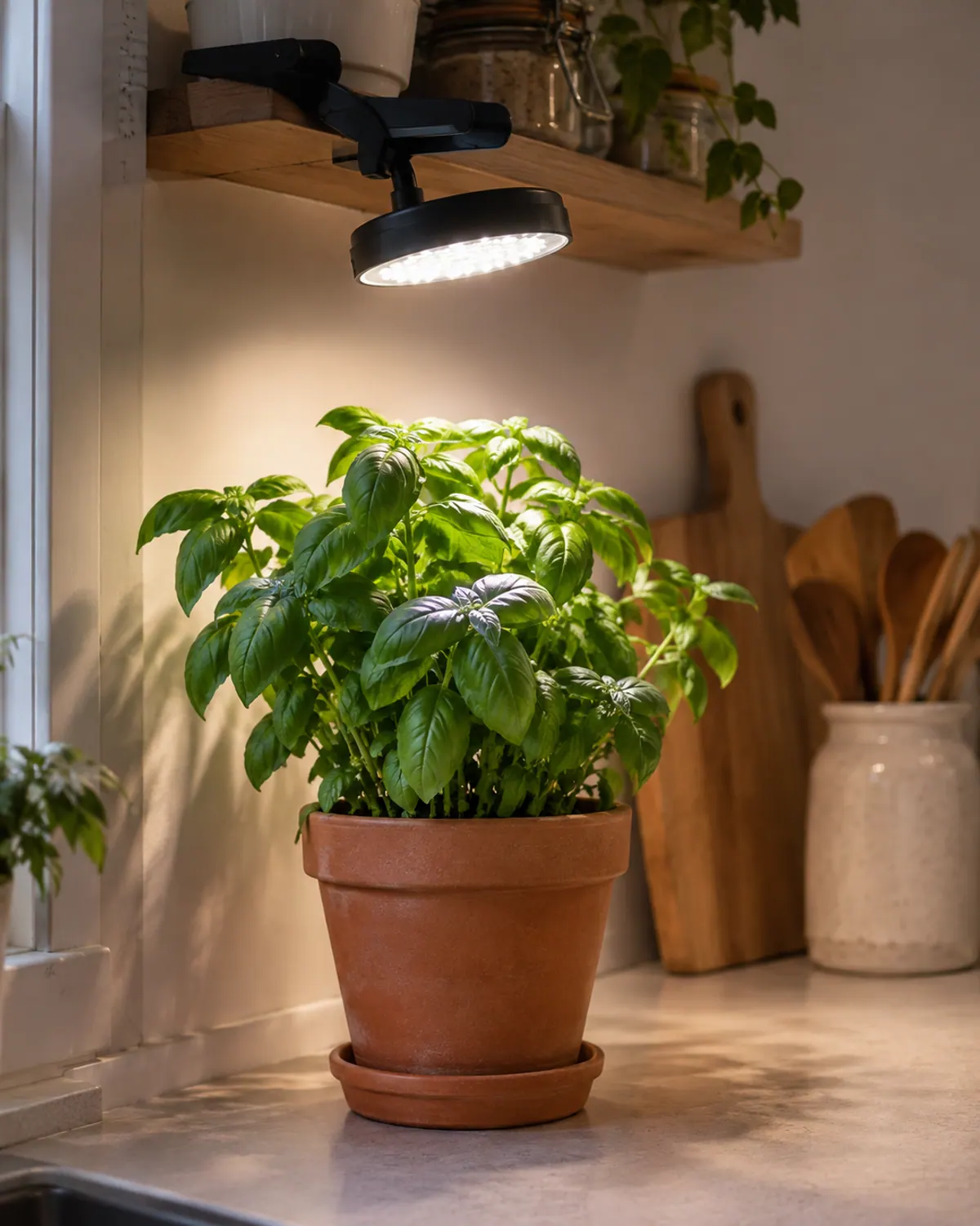 Basil plant in a terracotta pot under a clip-on LED grow light on a kitchen counter in the evening