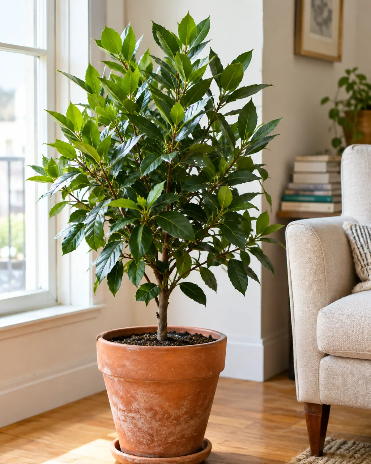 Small bay laurel tree in a large terracotta pot beside a bright living room window