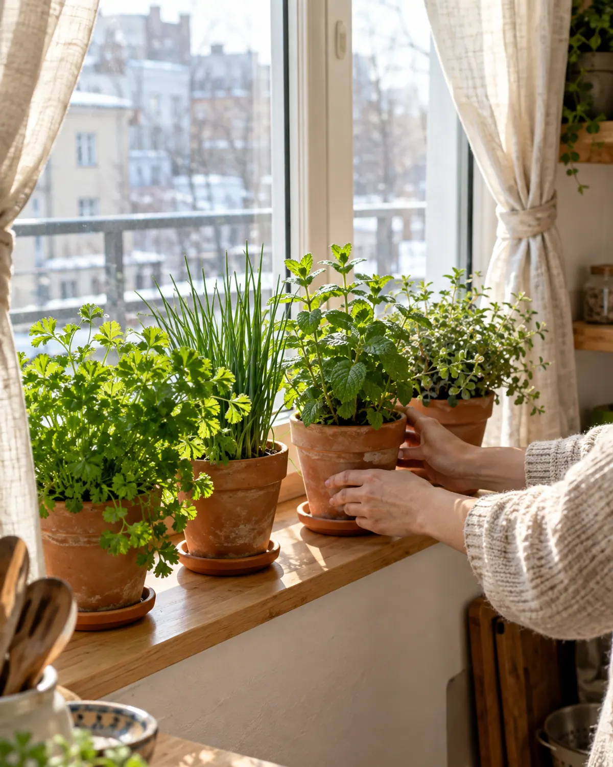Hand turning a herb pot on a sunny kitchen windowsill with curtains tied open and a row of parsley, chives, mint and oregano