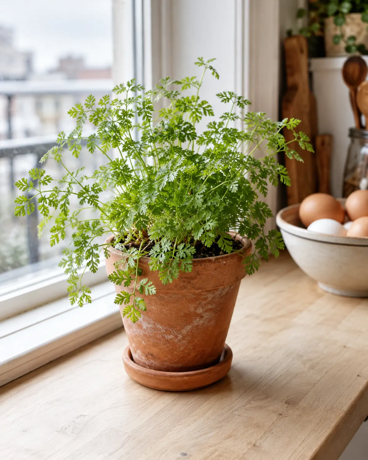 Lacy chervil plant in a terracotta pot on a bright apartment windowsill with eggs in a bowl nearby