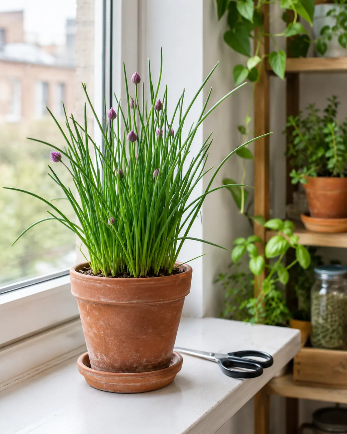 Clump of chives with purple flower buds in a terracotta pot on a north-facing apartment windowsill