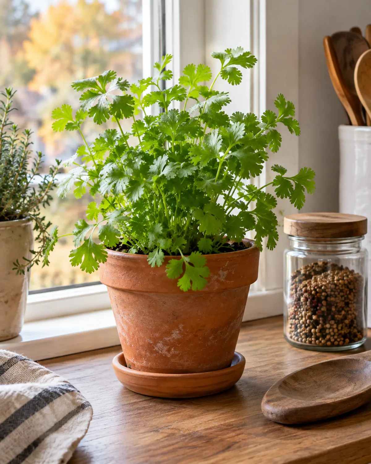 Cilantro plant in a terracotta pot on a cool kitchen windowsill with autumn trees outside