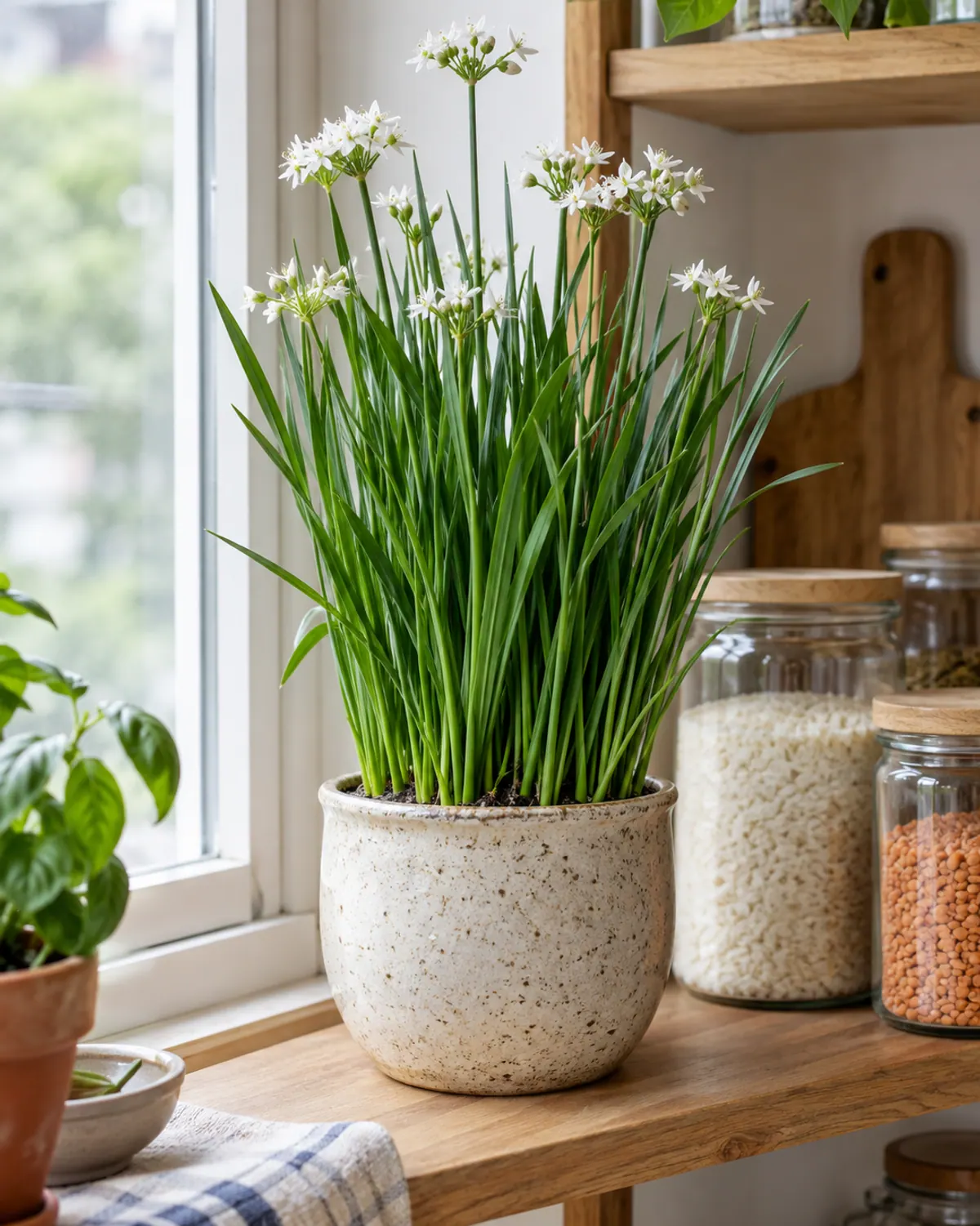 Upright clump of garlic chives with flat leaves and small white flowers in a speckled pot on a kitchen shelf by a window