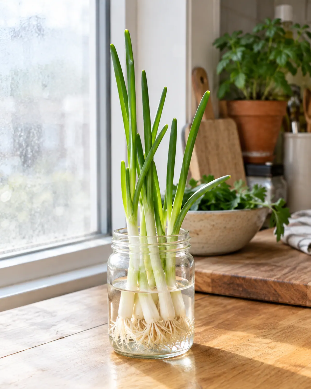 Green onion root ends regrowing in a glass jar of water on a sunny kitchen counter