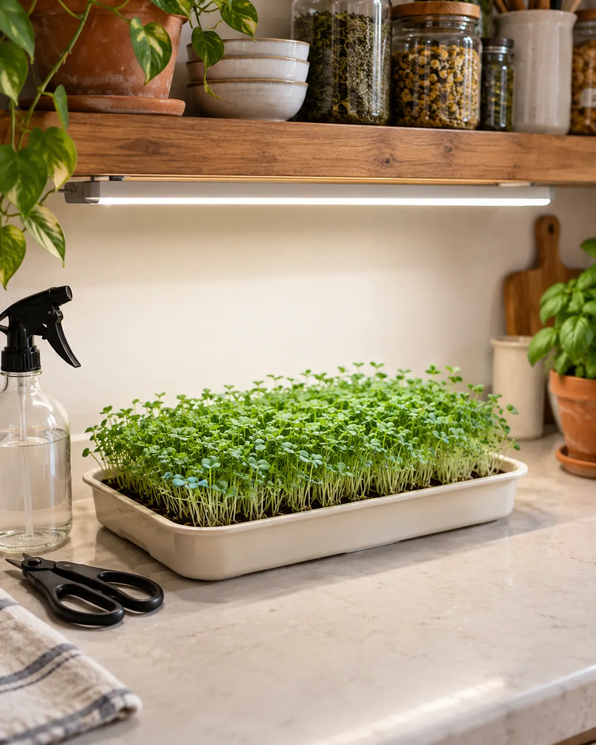 Tray of tiny herb microgreen seedlings under an LED grow light bar mounted beneath a kitchen shelf