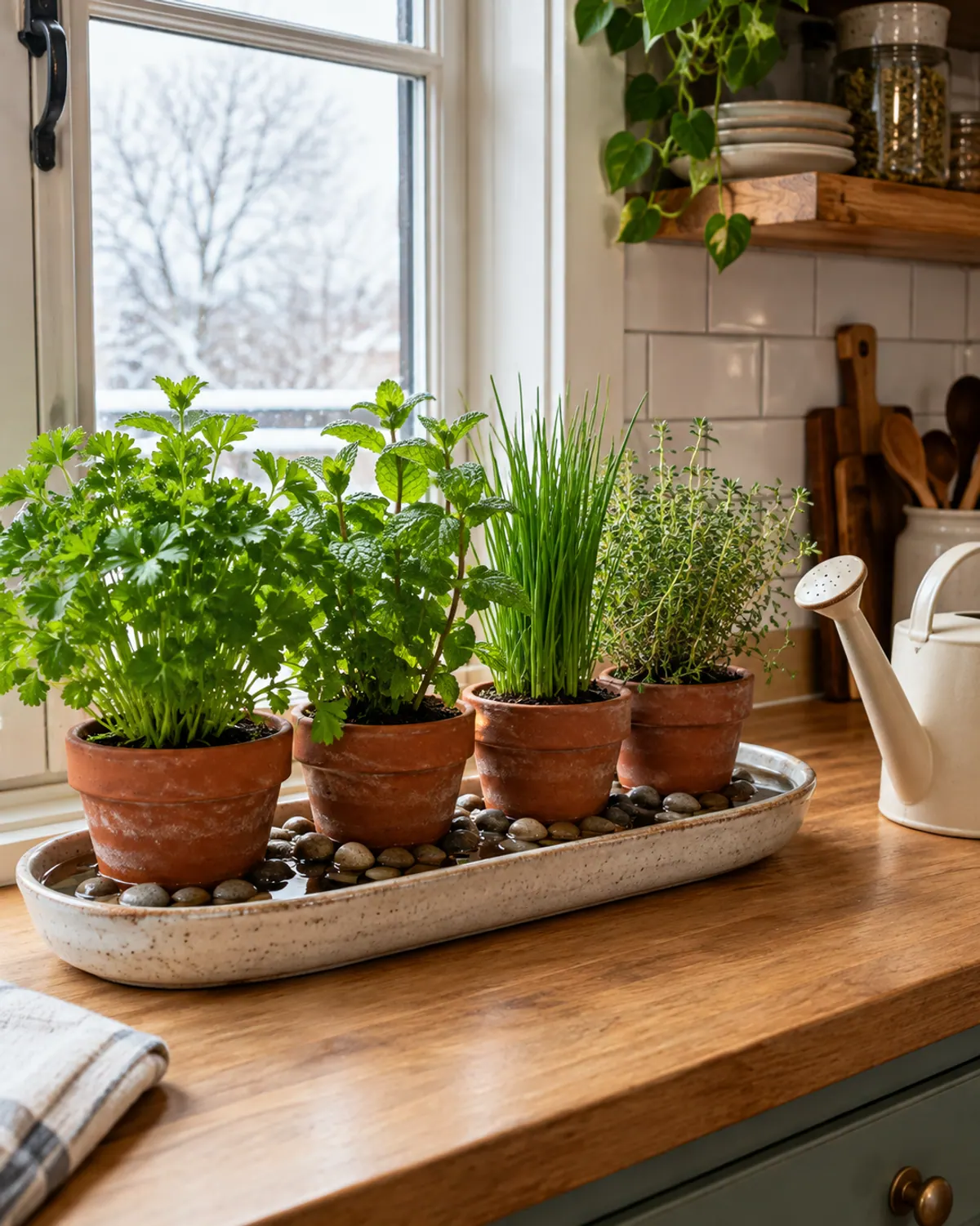 Parsley, mint, chives and thyme pots grouped on a pebble tray on a kitchen windowsill on an overcast winter day