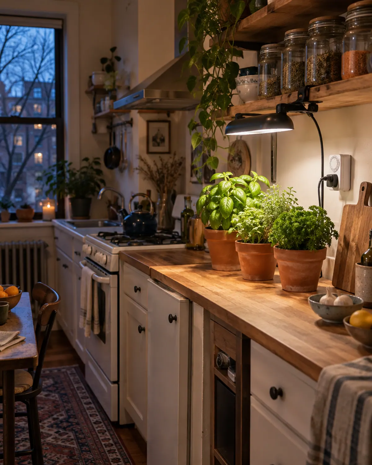 Basil, oregano and parsley pots under a clip-on LED grow light in a small kitchen on a winter evening, a timer plugged in nearby