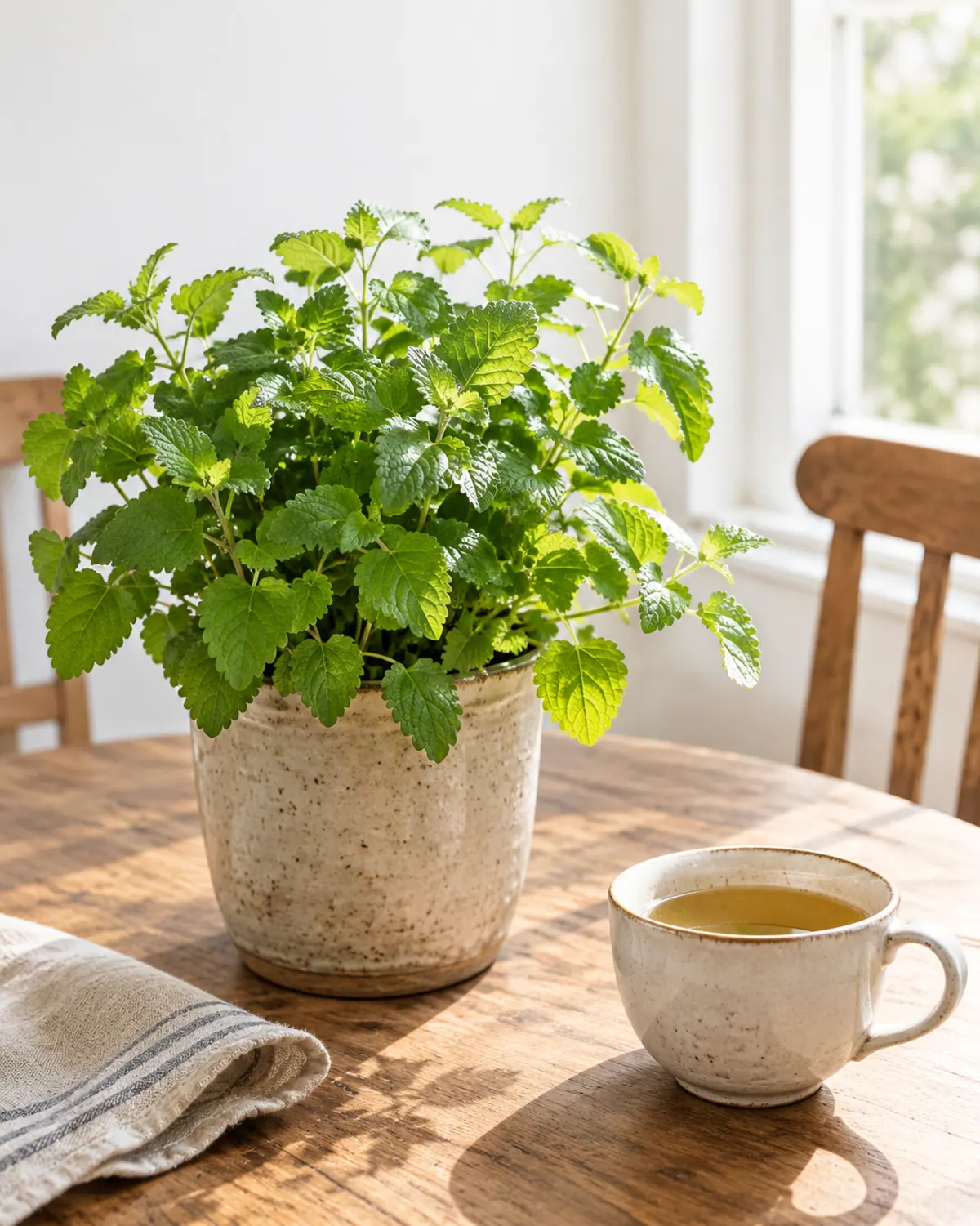 Lemon balm with bright green crinkled leaves in a ceramic pot on a wooden kitchen table near a window