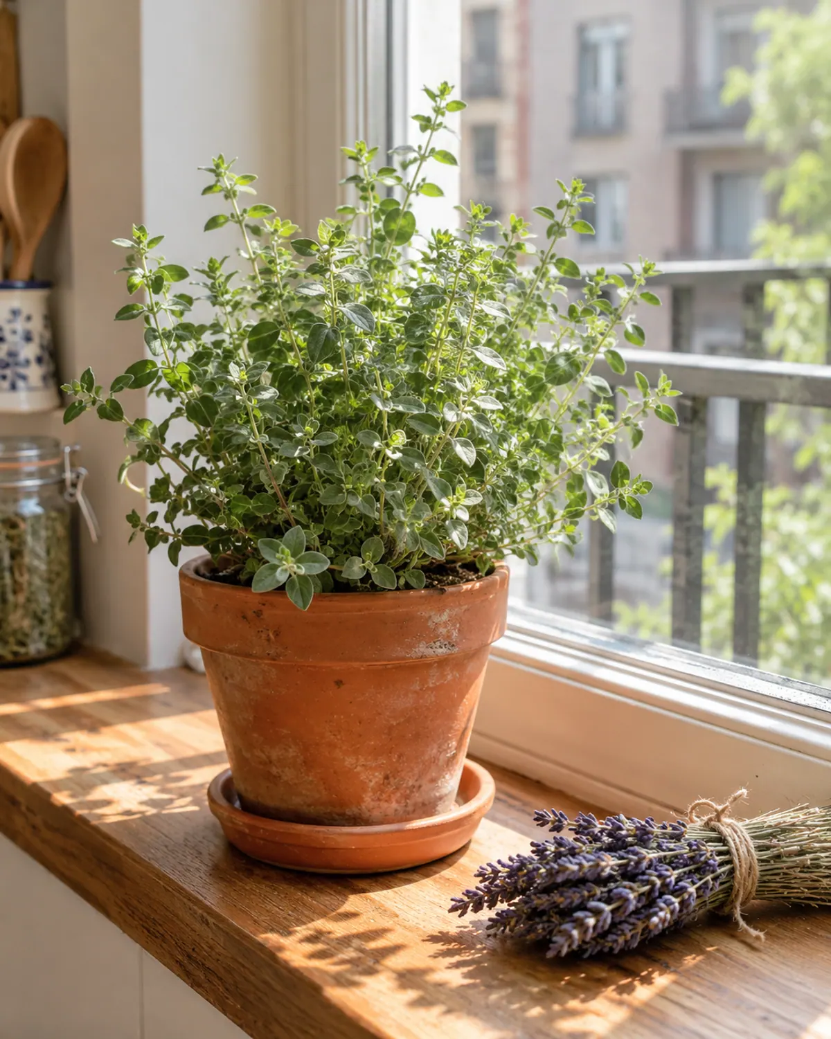Marjoram with small rounded grey-green leaves in a terracotta pot on a sunny kitchen sill beside dried lavender
