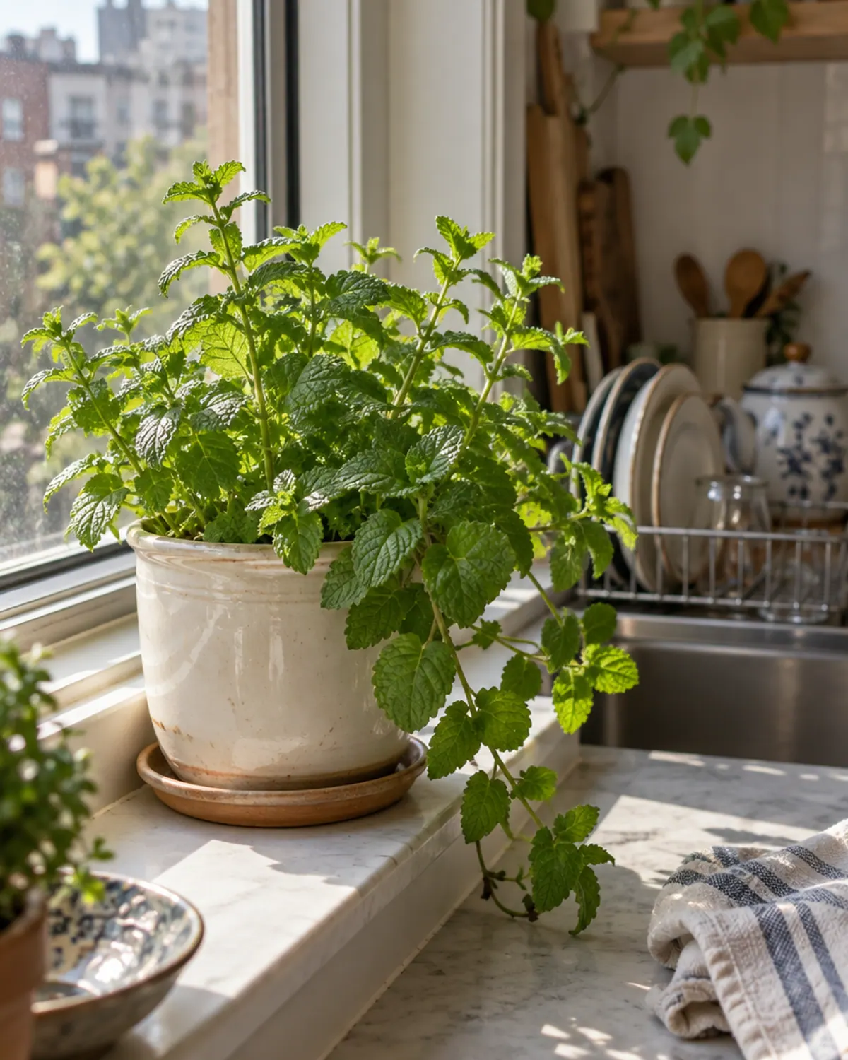 Potted mint with bright green toothed leaves on a kitchen windowsill in morning light, an easy herb to grow indoors in low light