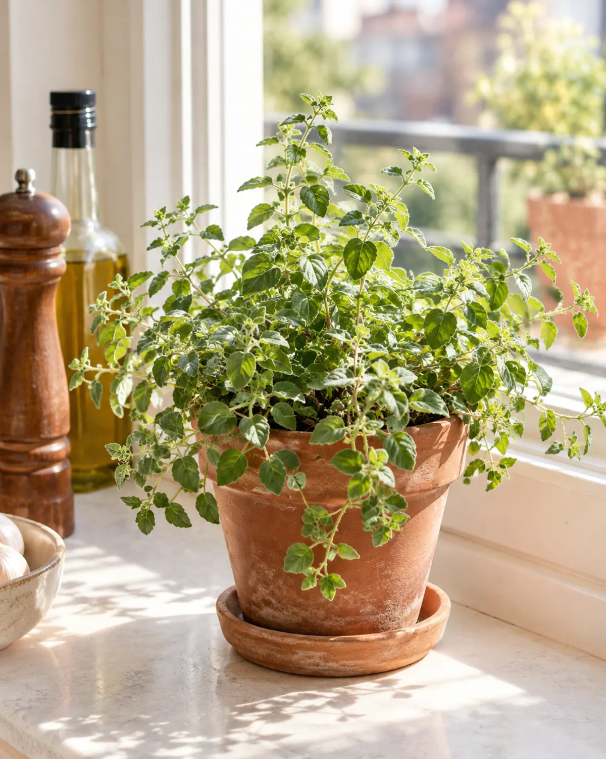 Bushy oregano in a terracotta pot on a sunny kitchen windowsill beside a pepper mill and olive oil