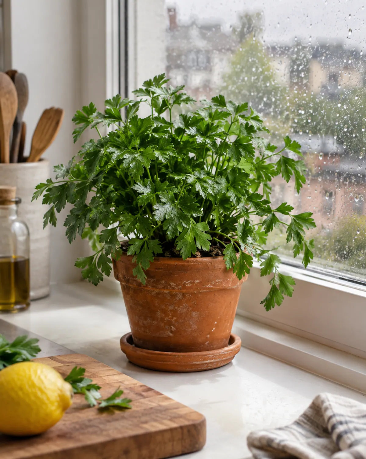 Flat-leaf parsley in a terracotta pot on a rainy kitchen windowsill with a lemon on a cutting board