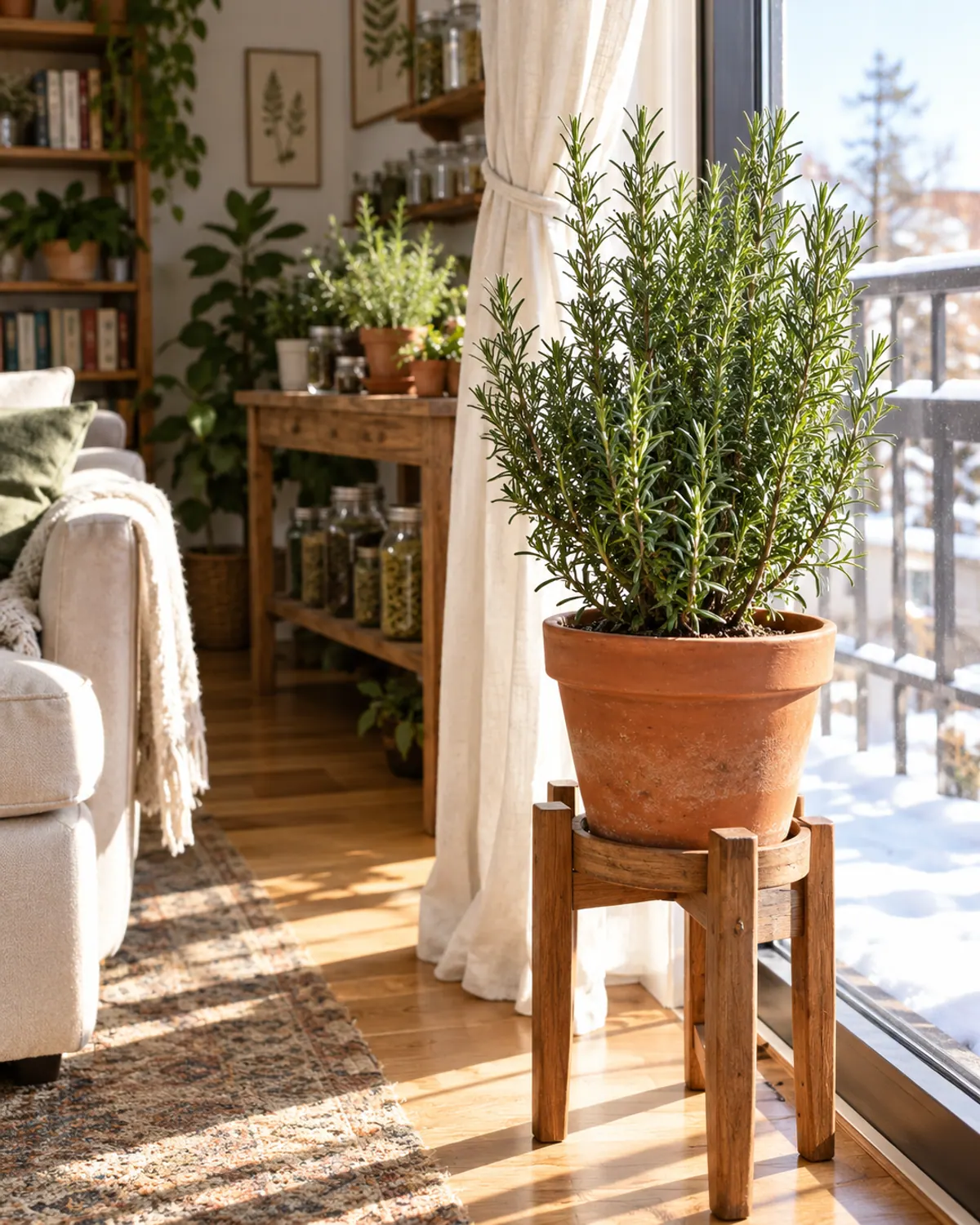 Rosemary in a terracotta pot on a wooden plant stand by a bright south-facing window in a snowy city apartment