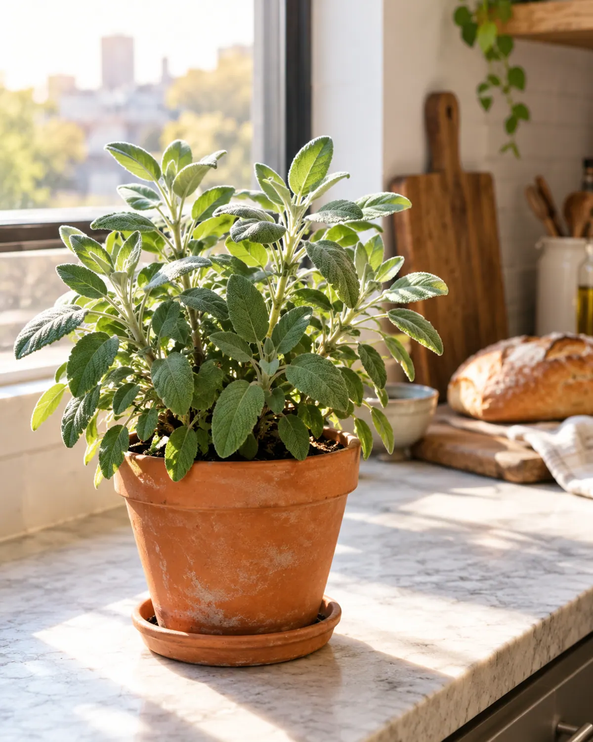 Common sage with soft grey-green leaves in a terracotta pot on a bright kitchen counter by a window