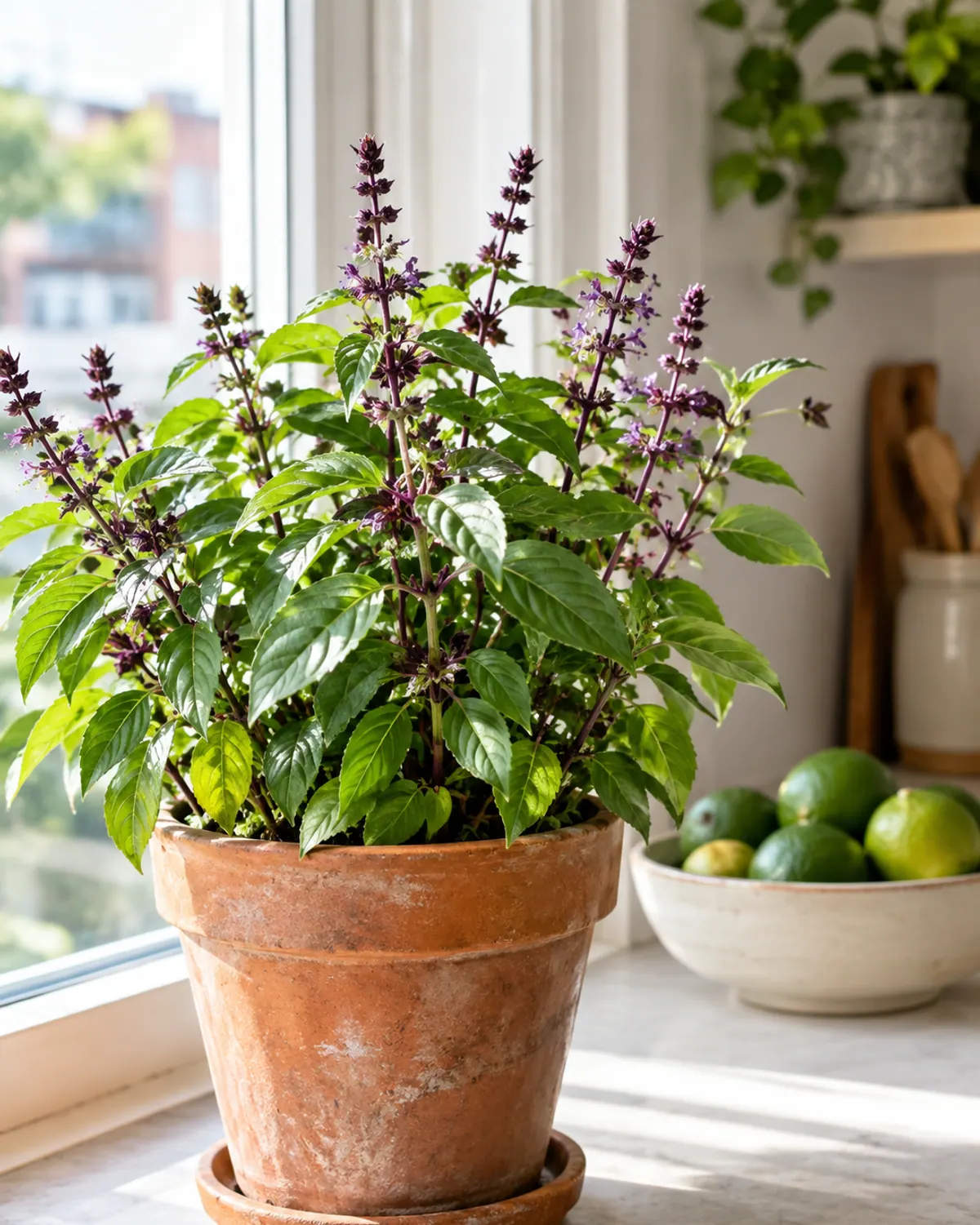Thai basil with purple stems and purple flower spikes in a terracotta pot by a bright window