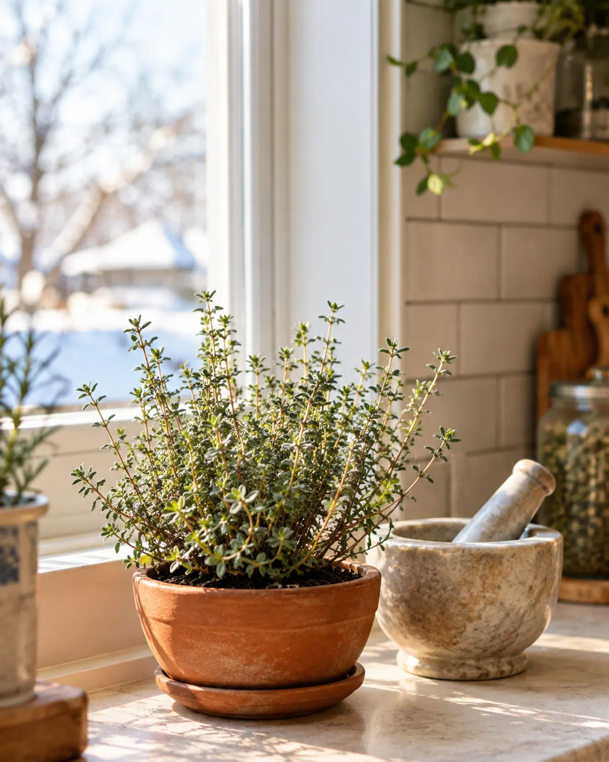 Small-leaved thyme in a shallow terracotta pot on a sunny winter windowsill beside a marble mortar and pestle