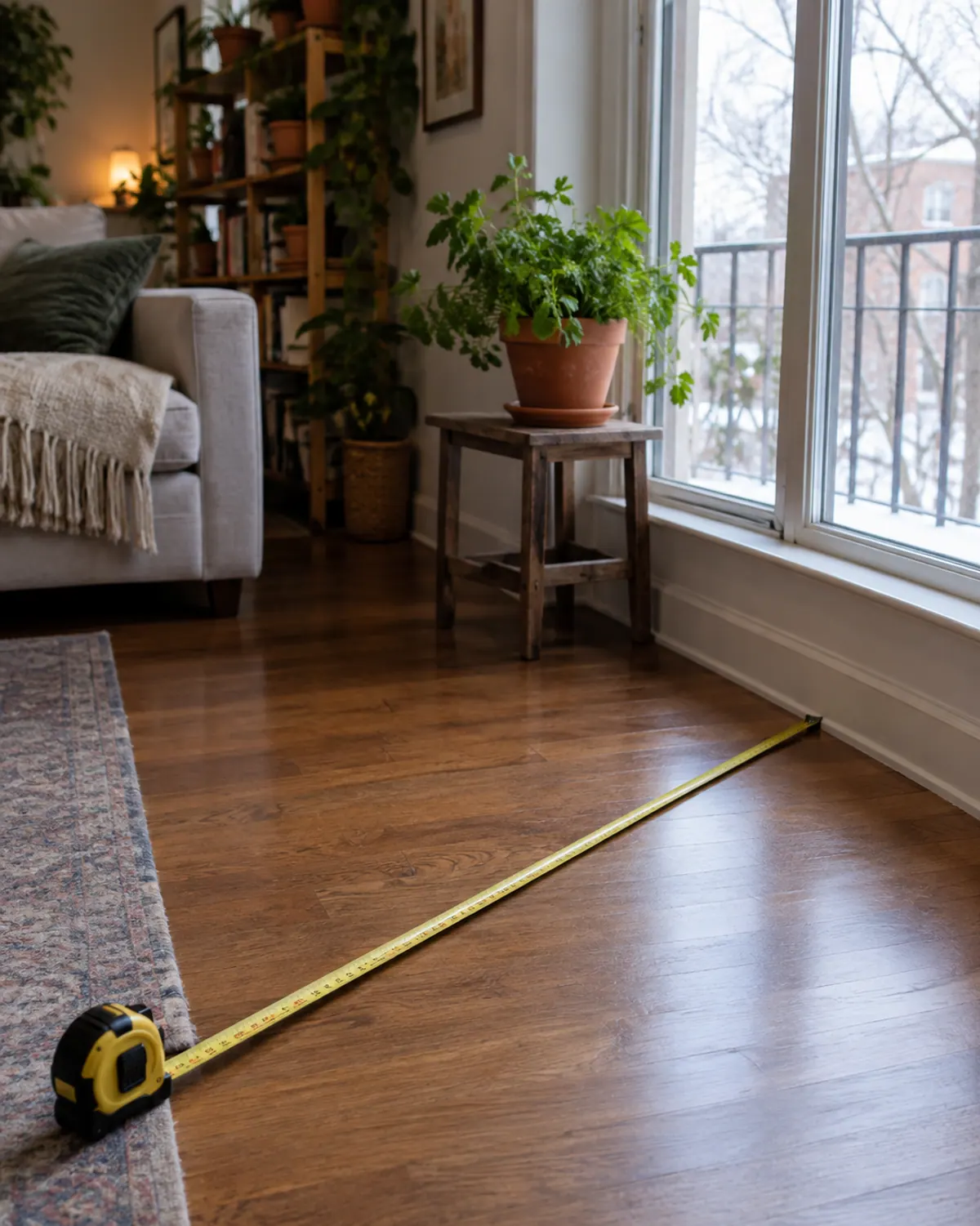Tape measure stretched across a living room floor from a winter window to a potted herb on a stool, the window-distance test for herbs to grow indoors in low light