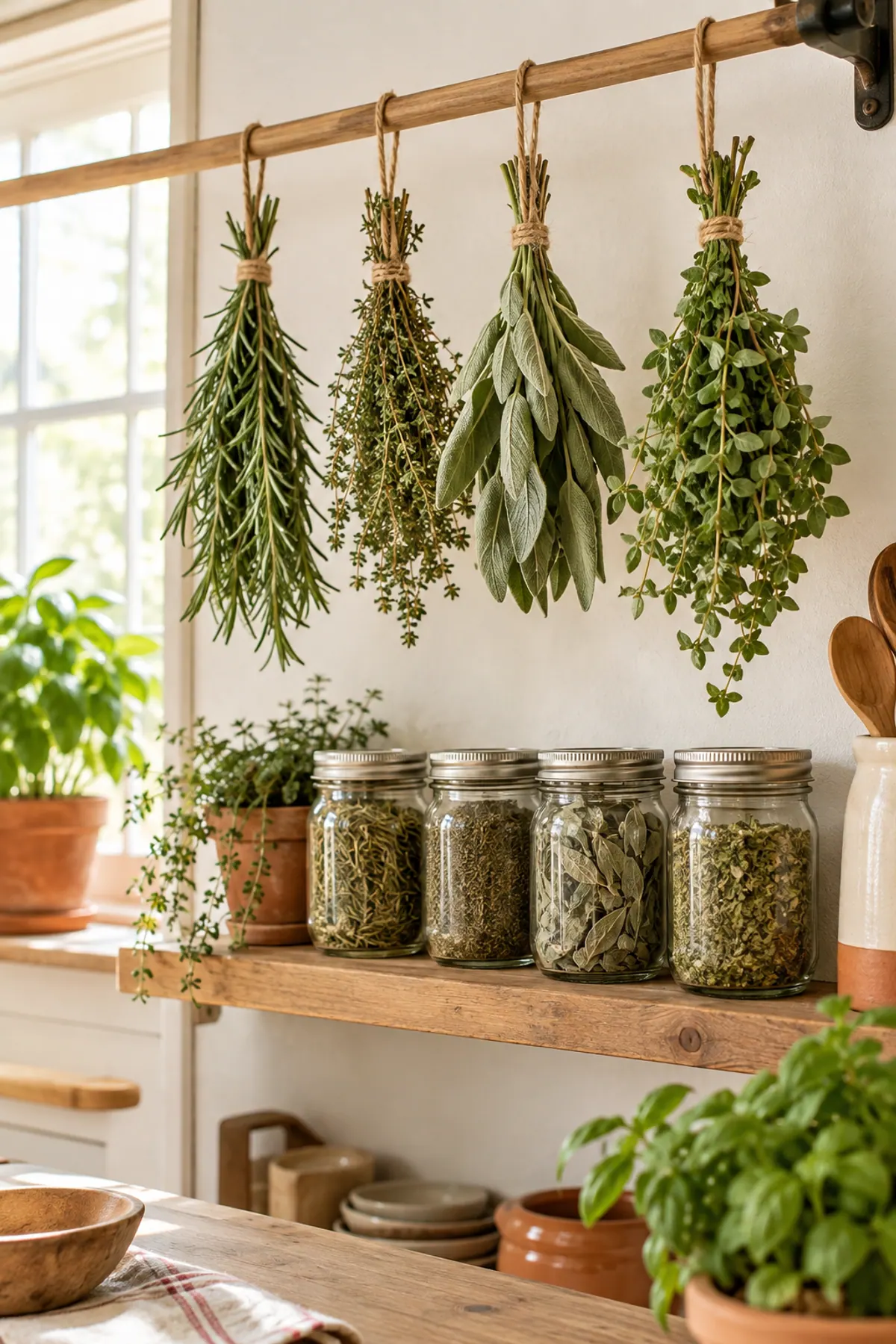 How to dry herbs at home: bundles of rosemary, thyme, sage and oregano hanging from a wooden rack above mason jars of dried herbs