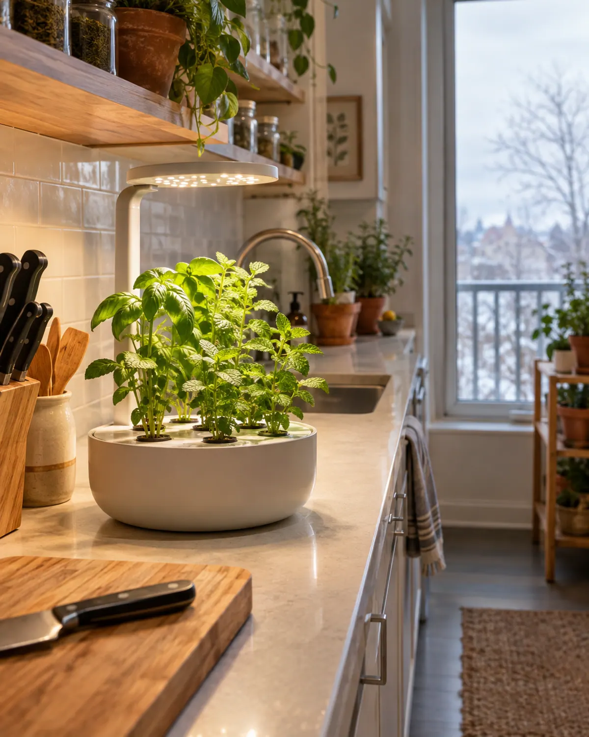 Small round five-pod hydroponic garden with an LED light arm over young basil and mint on a galley kitchen counter beside a cutting board