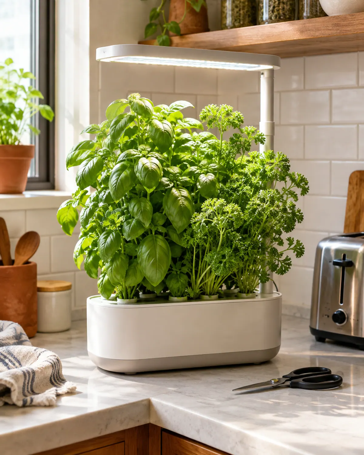 Countertop hydroponic garden with its light arm raised high over tall bushy basil and parsley, kitchen scissors beside it