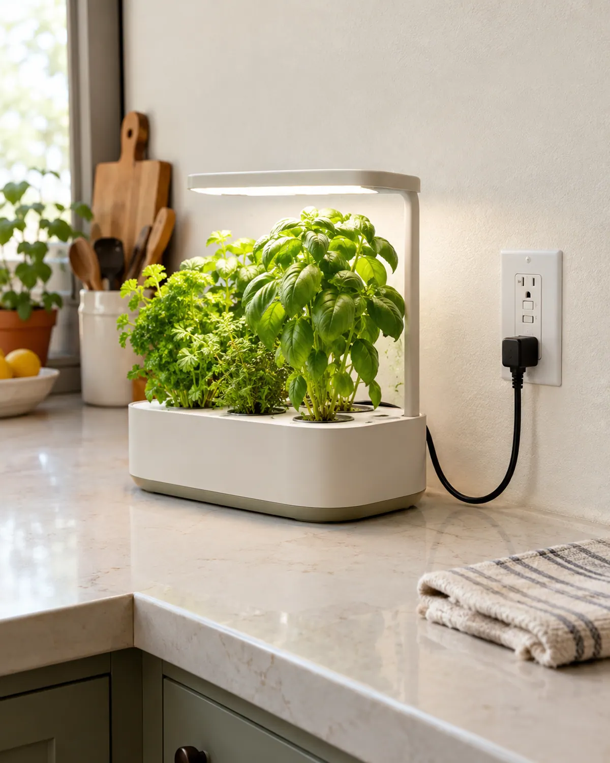 Countertop hydroponic herb garden plugged into an outlet with test and reset buttons, its cord dipping in a loop below the outlet, away from the sink