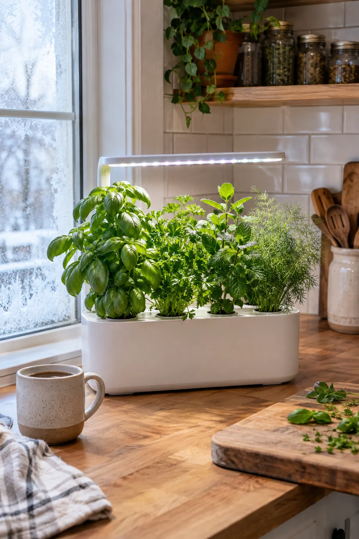 Hydroponic herb garden on a small apartment kitchen counter: a white countertop unit with a lit LED arm over basil, parsley, mint and dill beside a frosty window