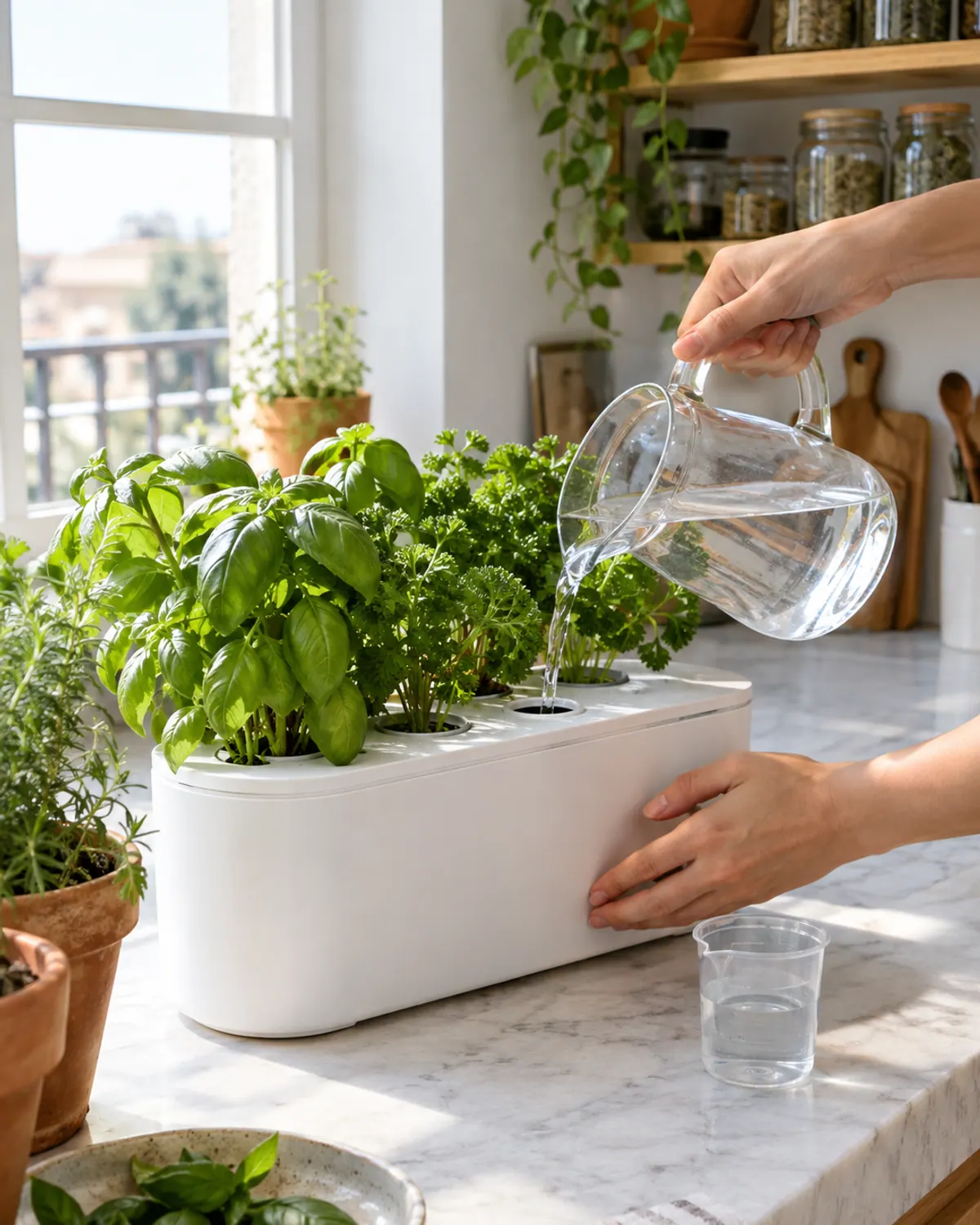 Hand pouring water from a glass pitcher into the fill hole of a countertop hydroponic herb garden growing basil and parsley