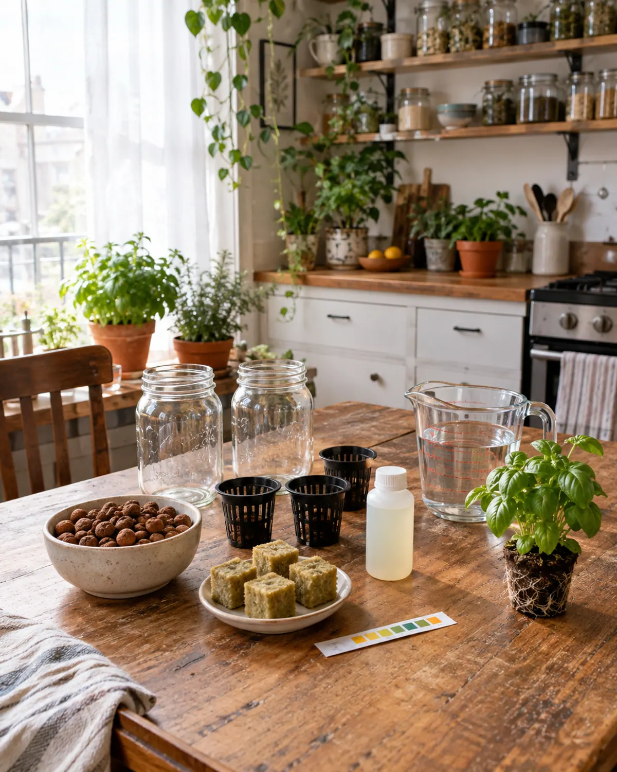 DIY mason jar hydroponic supplies on a kitchen table: wide-mouth jars, net cups, clay pebbles, rockwool cubes, nutrient bottle, pH strip and a basil seedling