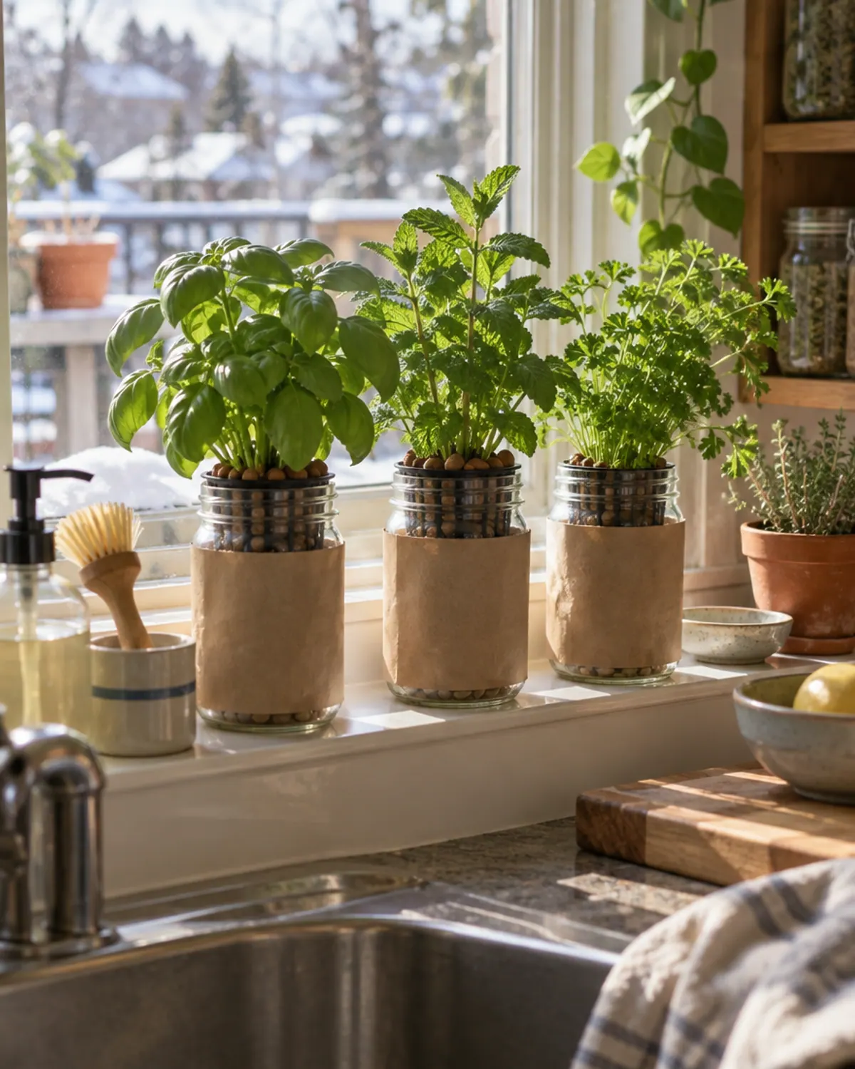 Three mason jars wrapped in kraft paper sleeves with net cups of basil, mint and parsley on a sunny kitchen windowsill above a sink