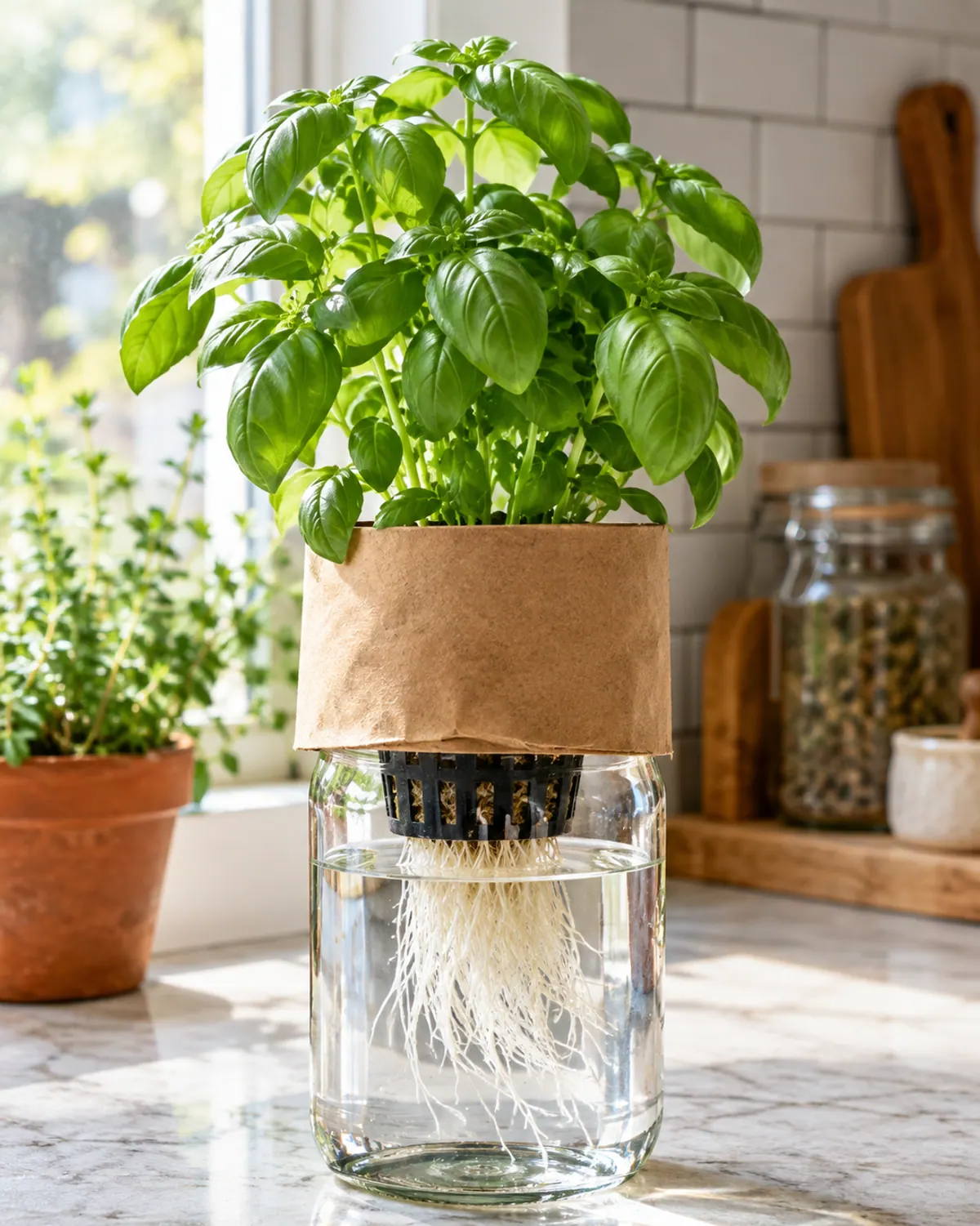 Mason jar with its paper sleeve pulled down to show white roots hanging from a net cup into water, with an air gap below the cup and basil on top