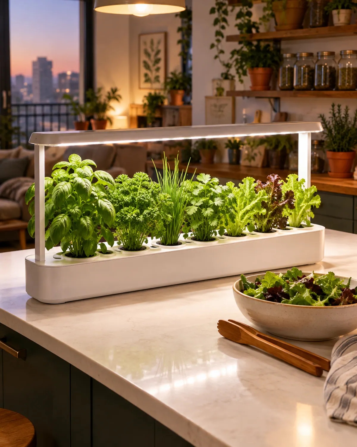 Long nine-pod hydroponic herb garden under a wide LED light hood growing basil, parsley, chives, cilantro and lettuce on a kitchen island