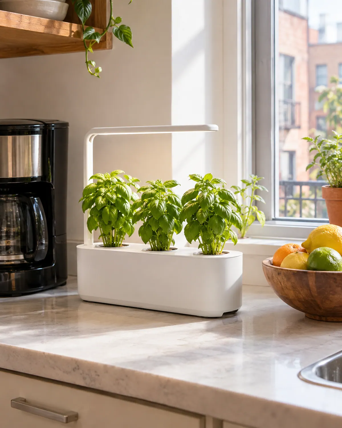 Compact white three-pod countertop smart garden growing basil beside a coffee maker and fruit bowl on a narrow apartment kitchen counter