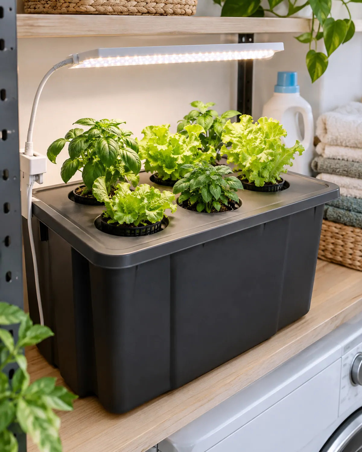 Opaque storage tote with net cups of lettuce and basil set into holes in its lid under a clip-on grow light on a laundry room shelf