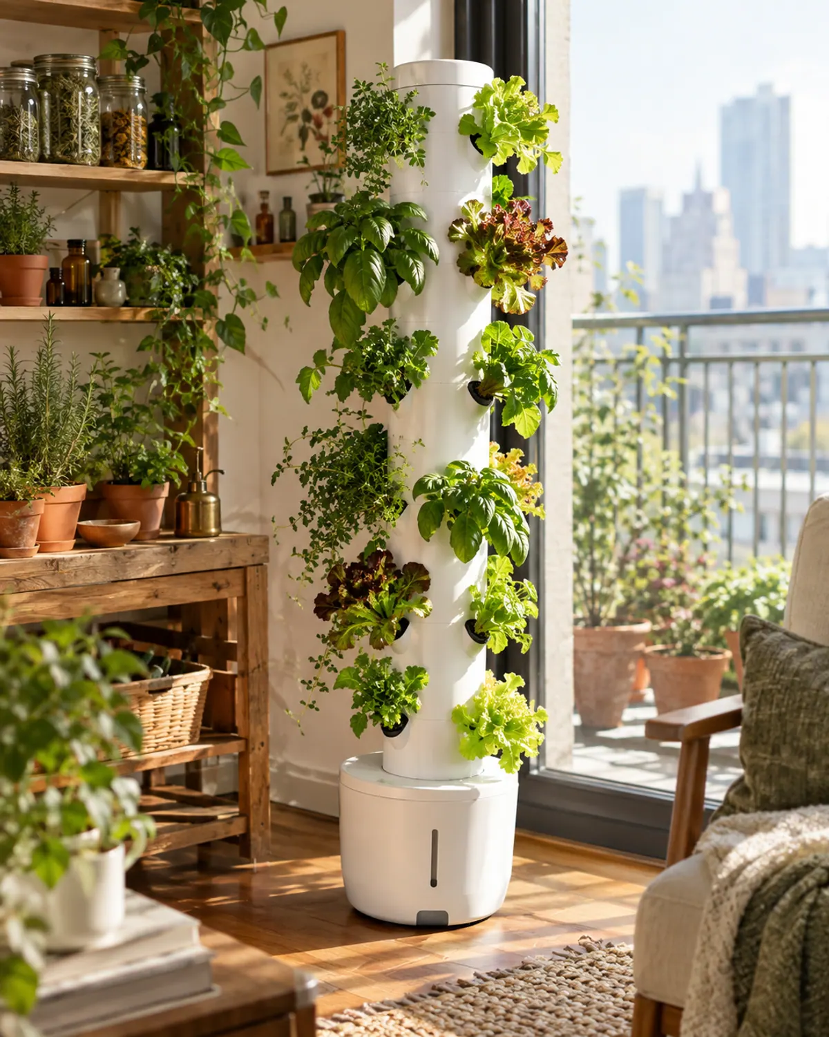 Slim white vertical hydroponic tower with herbs and lettuces growing from its sides beside a large window in an apartment living room