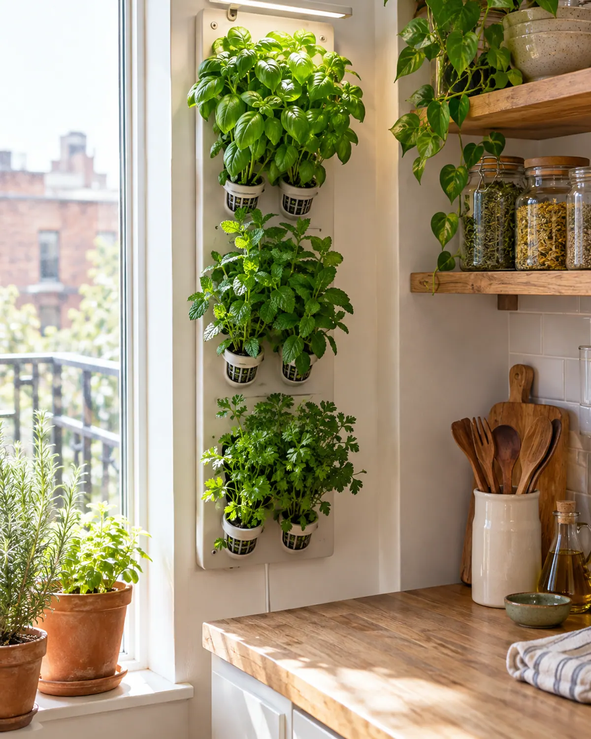 Wall-mounted hydroponic herb planter with basil, mint and parsley in a row of pods under a small LED bar beside a kitchen window