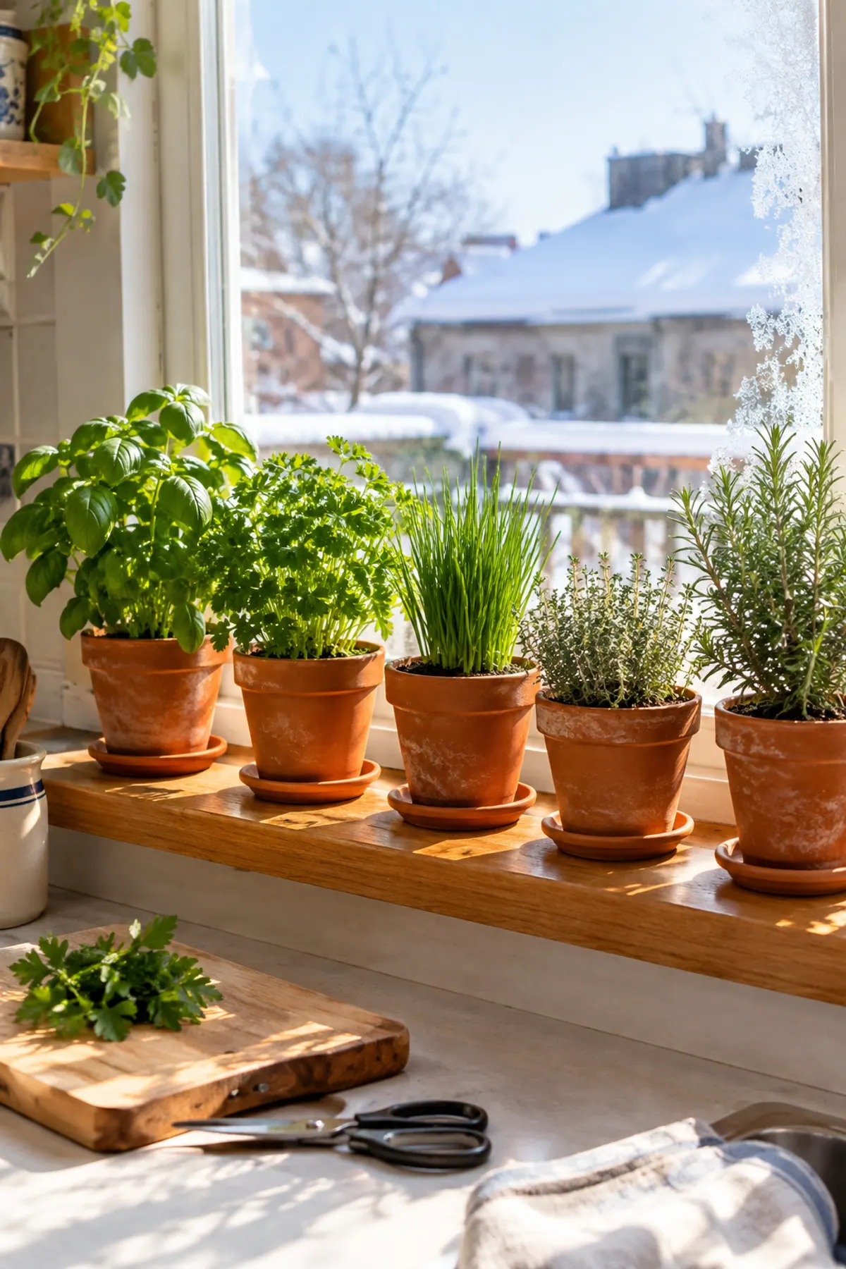 Indoor herb garden of basil, parsley, chives, thyme and rosemary in terracotta pots on a sunny kitchen windowsill with snow outside