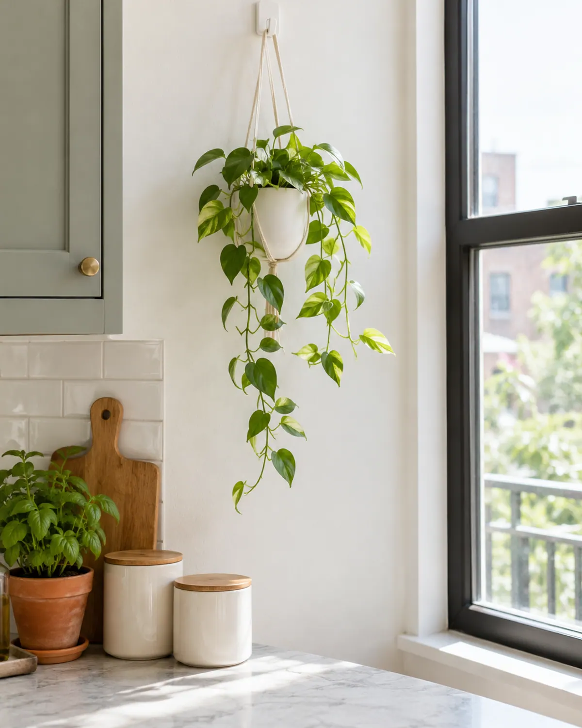 Small lightweight hanging planter with a trailing plant on a white adhesive hook near a kitchen window