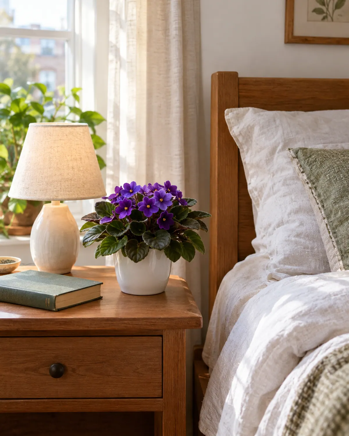 Purple African violet in a small white pot on a wooden bedroom nightstand next to a lamp and a book, near an east window