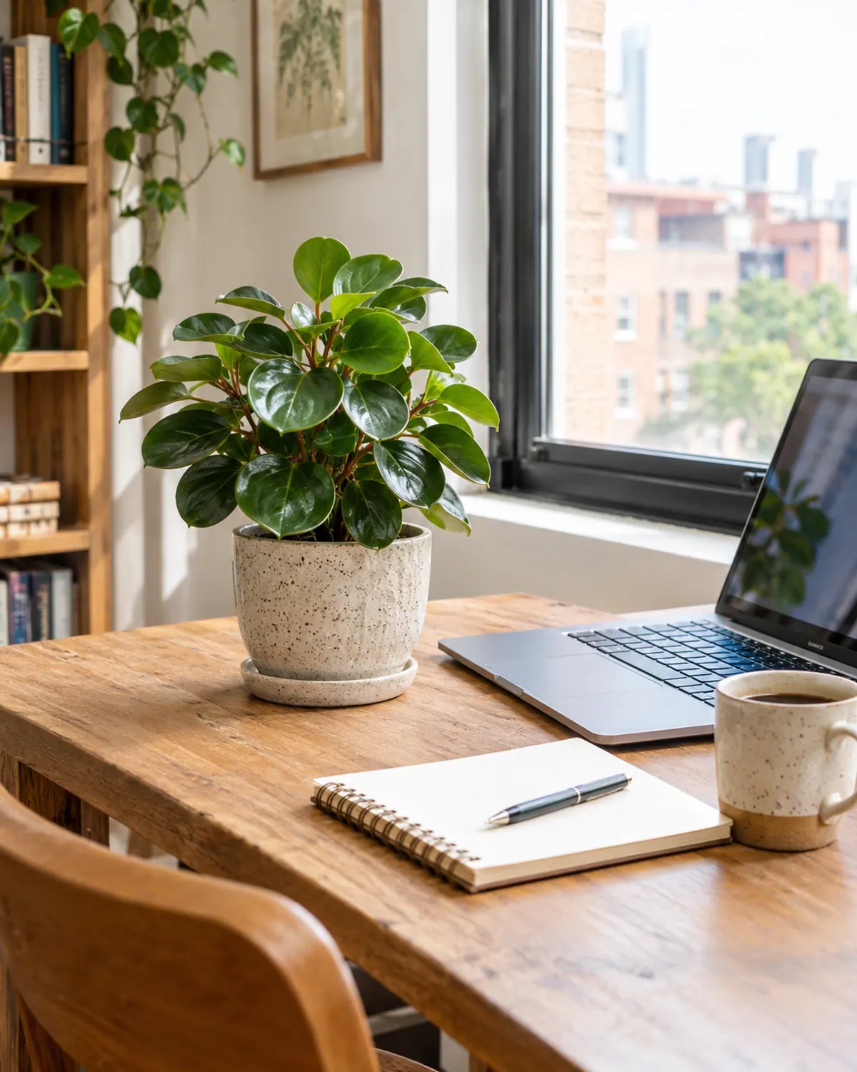 Glossy baby rubber plant peperomia in a ceramic pot on a small home office desk near a window