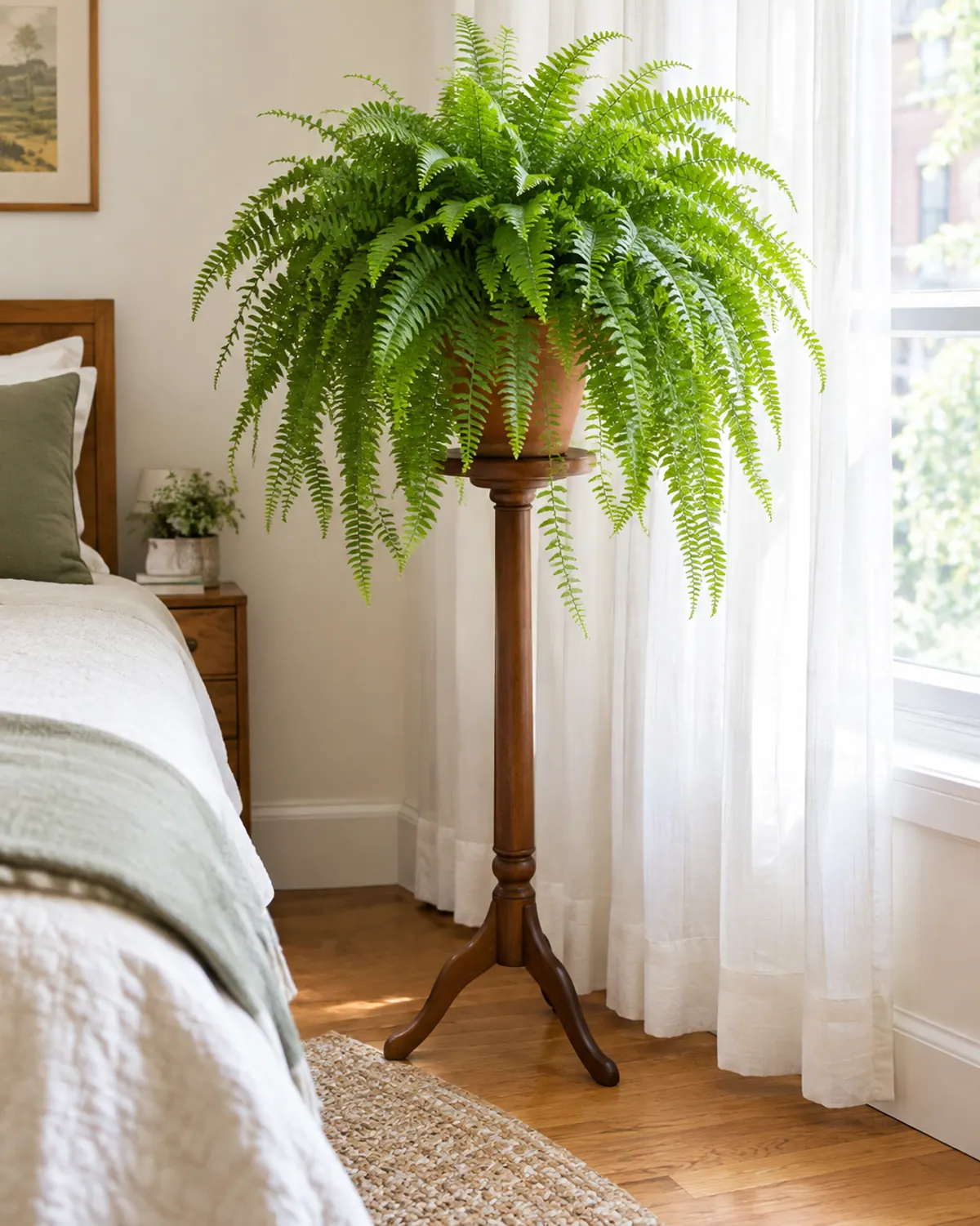 Full Boston fern on a tall wooden pedestal plant stand beside a bedroom window with sheer curtains