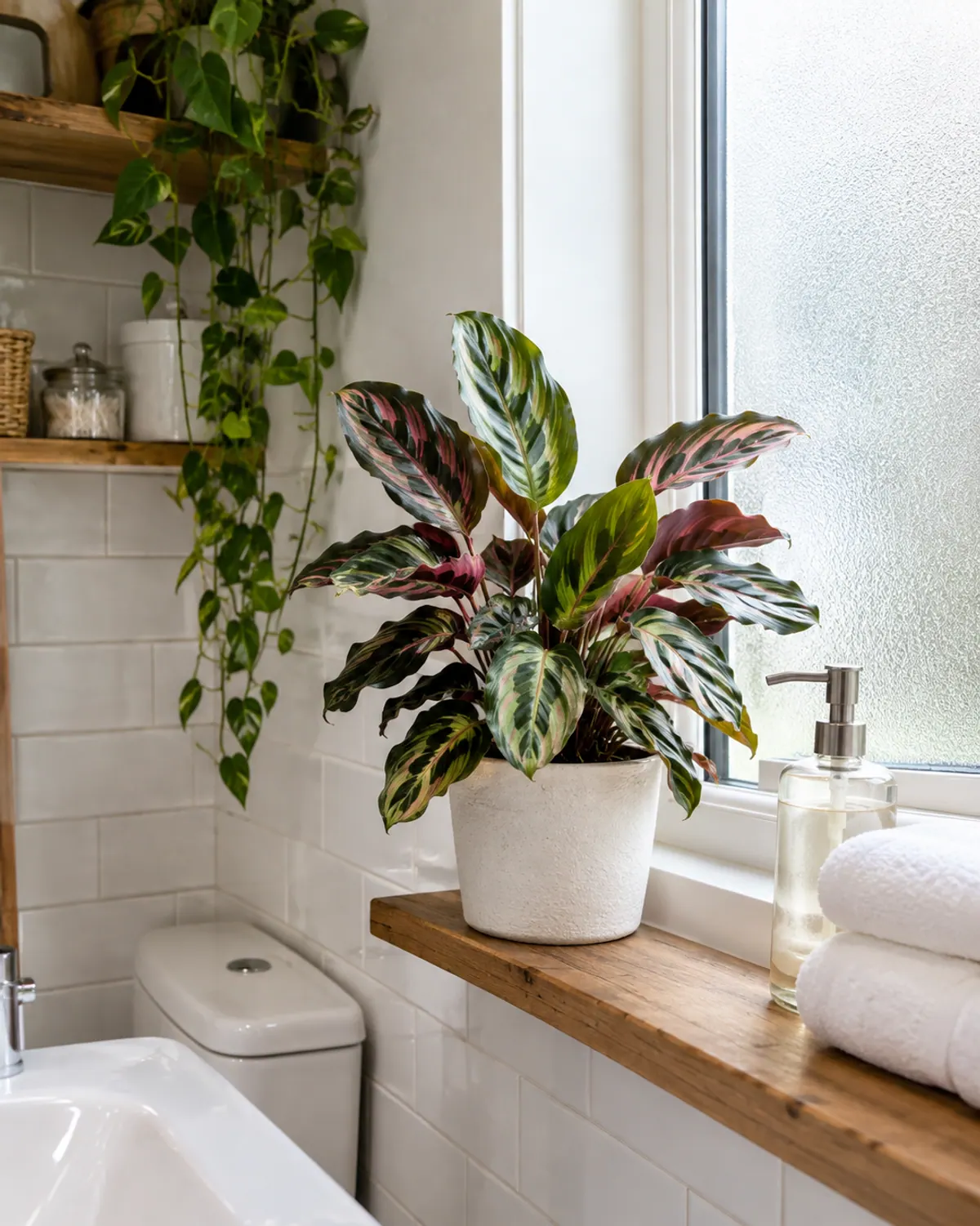 Patterned calathea plant in a white pot on a small bathroom shelf beside a frosted window and rolled towels