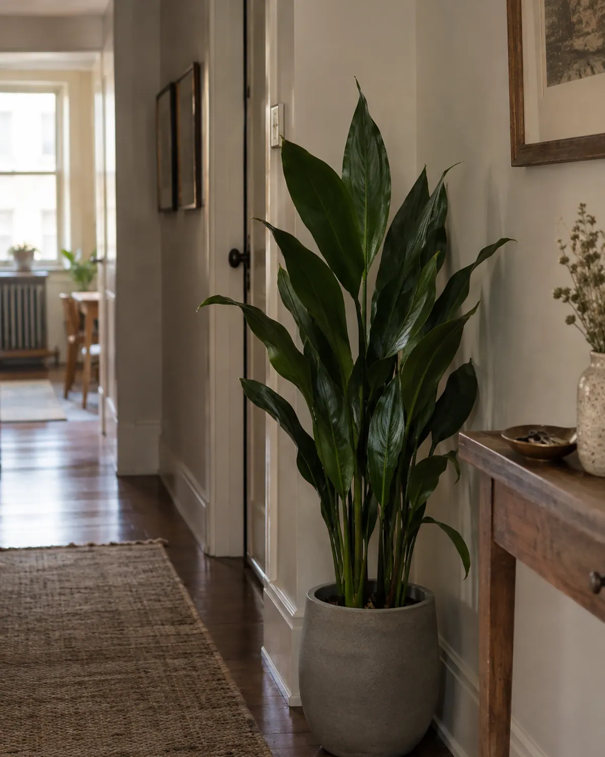 Cast iron plant with long dark green leaves in a ceramic floor pot in a dim apartment hallway
