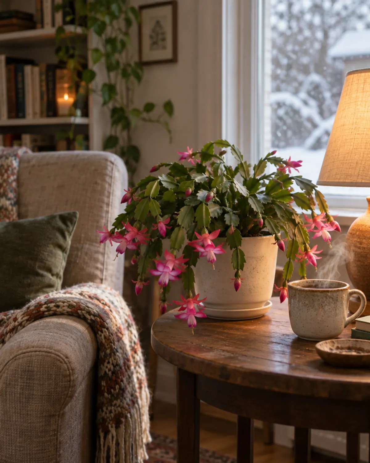 Blooming pink Christmas cactus in a ceramic pot on a small wooden side table next to a reading chair and lamp