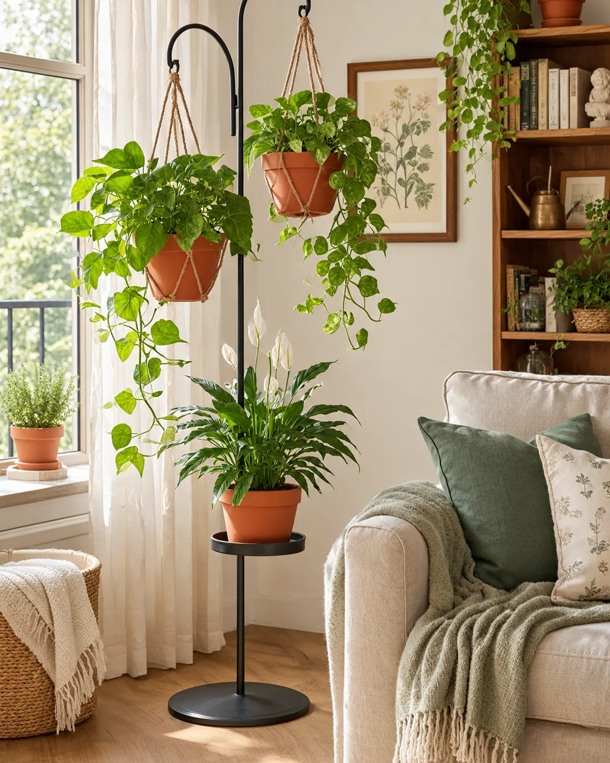 Black metal freestanding plant stand with hanging arms holding trailing plants in a small living room corner