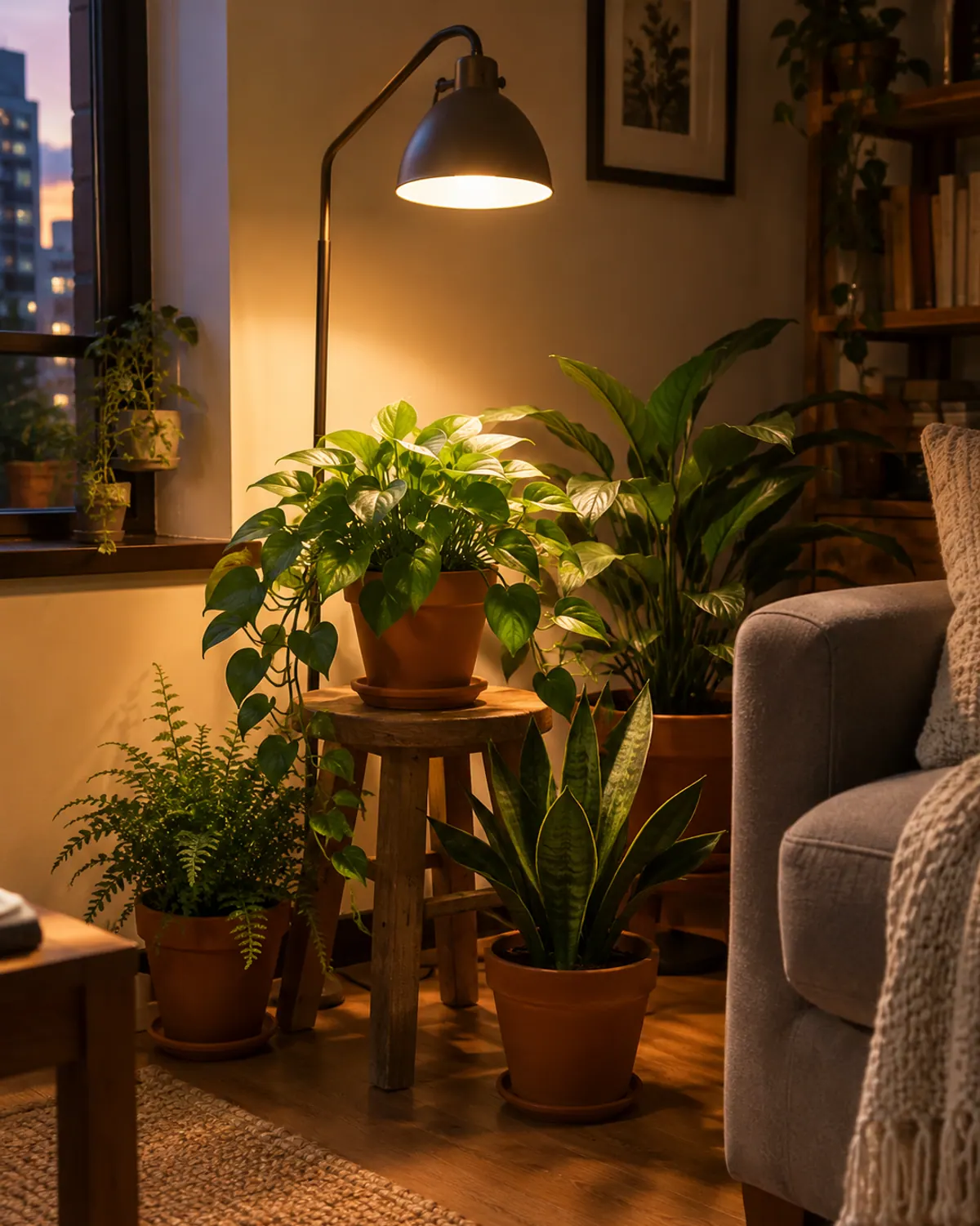 Floor lamp with a warm-white full-spectrum grow bulb lighting a small group of potted plants in a dark living room corner