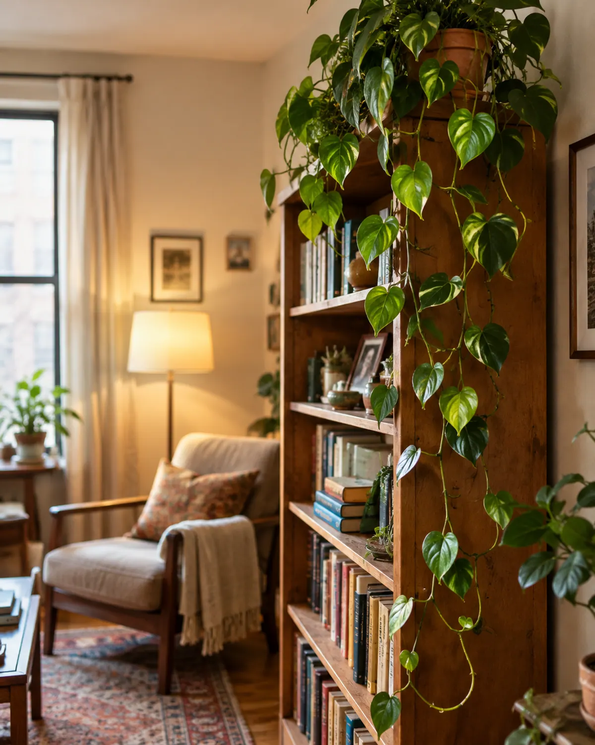 Heartleaf philodendron with heart-shaped leaves trailing from a bookshelf in a dim living room corner