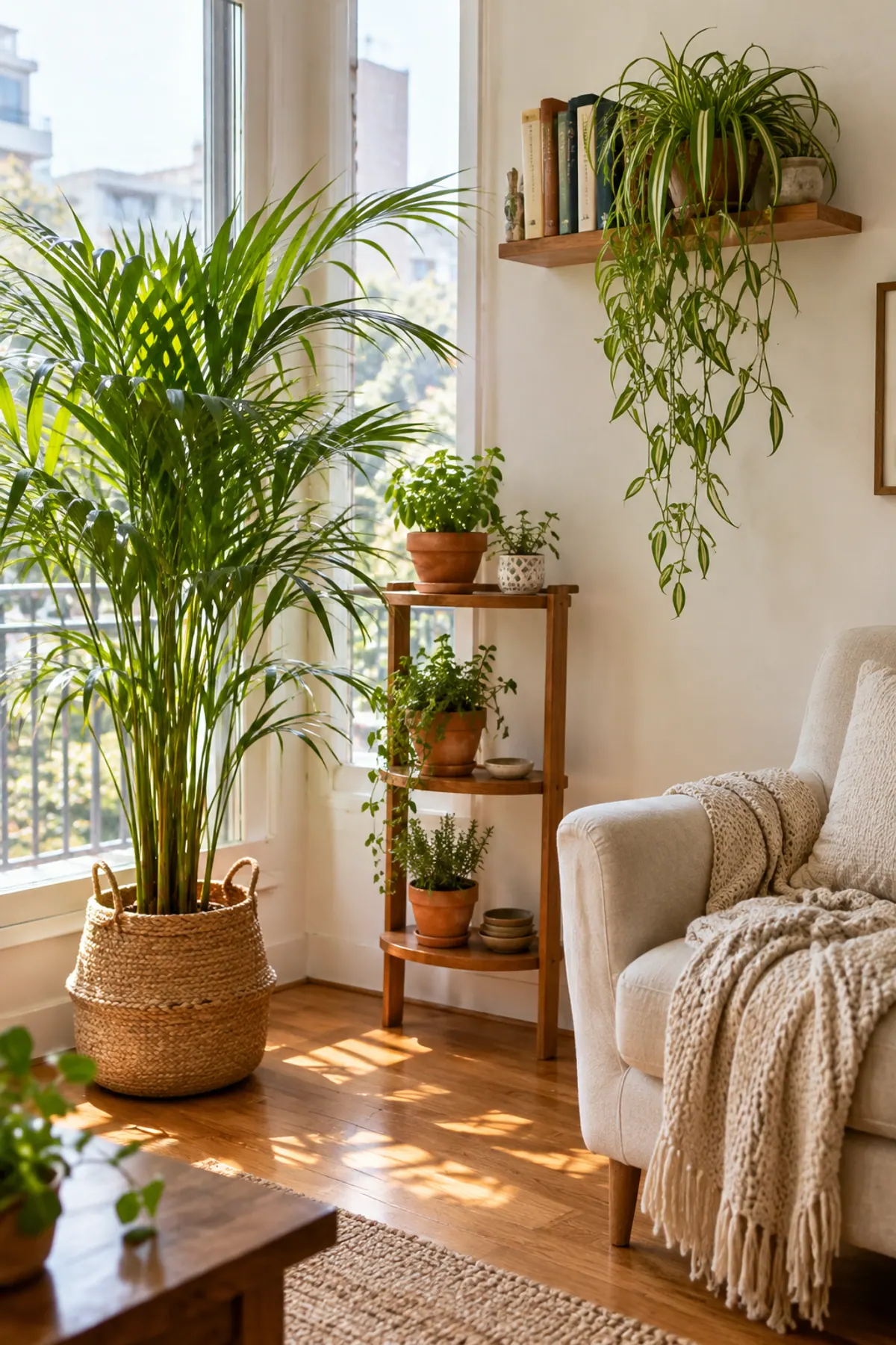 Indoor plants decor in a small apartment living room corner with a parlor palm in a basket, a tiered plant stand by the window and a spider plant on a wall shelf