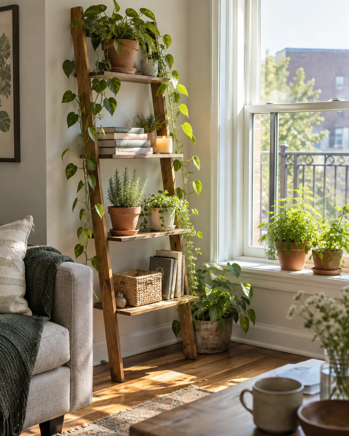 Leaning wooden ladder shelf with potted plants, books and a small lamp beside a bright apartment window