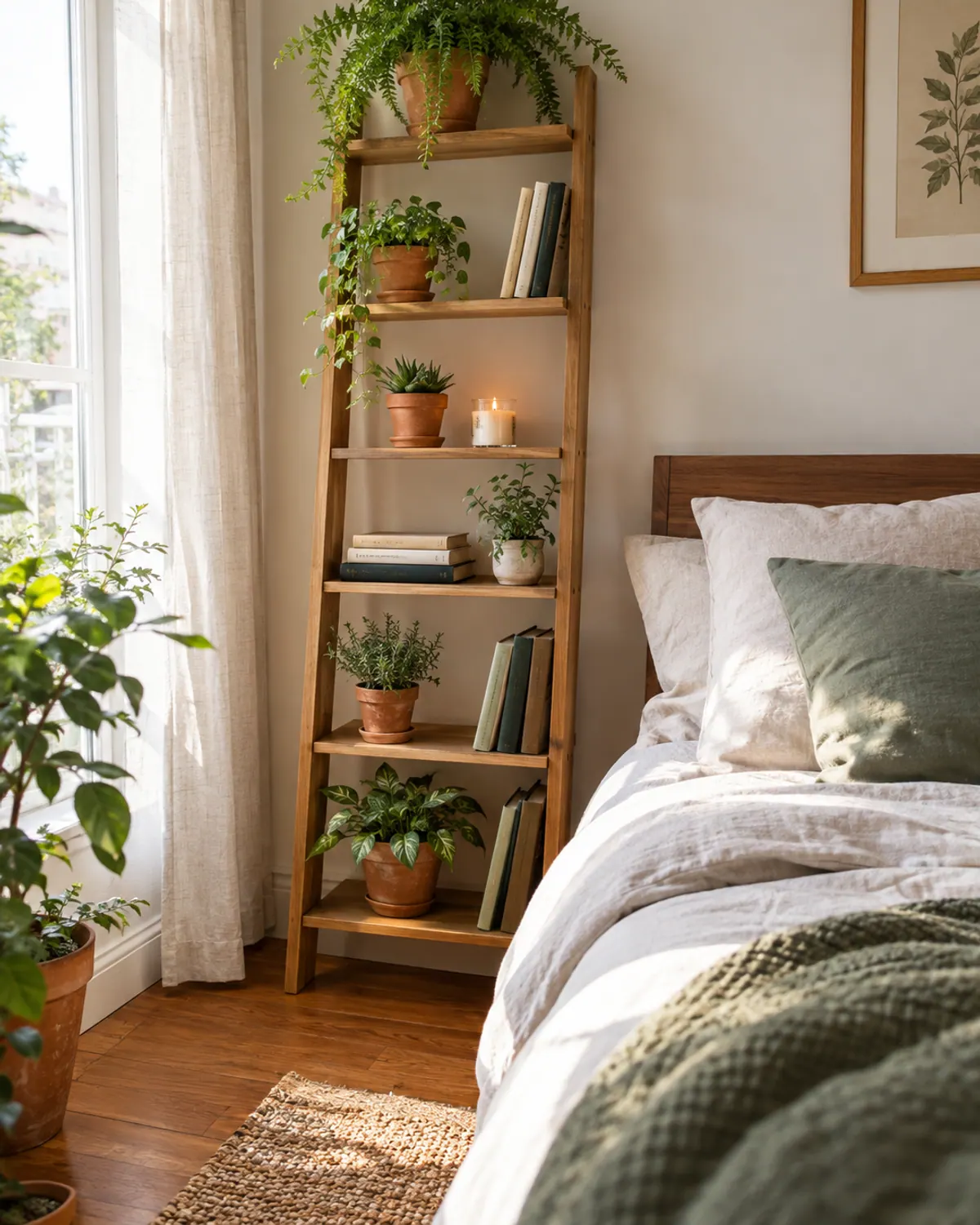Narrow leaning shelf with small plants and books against a bedroom wall beside the bed