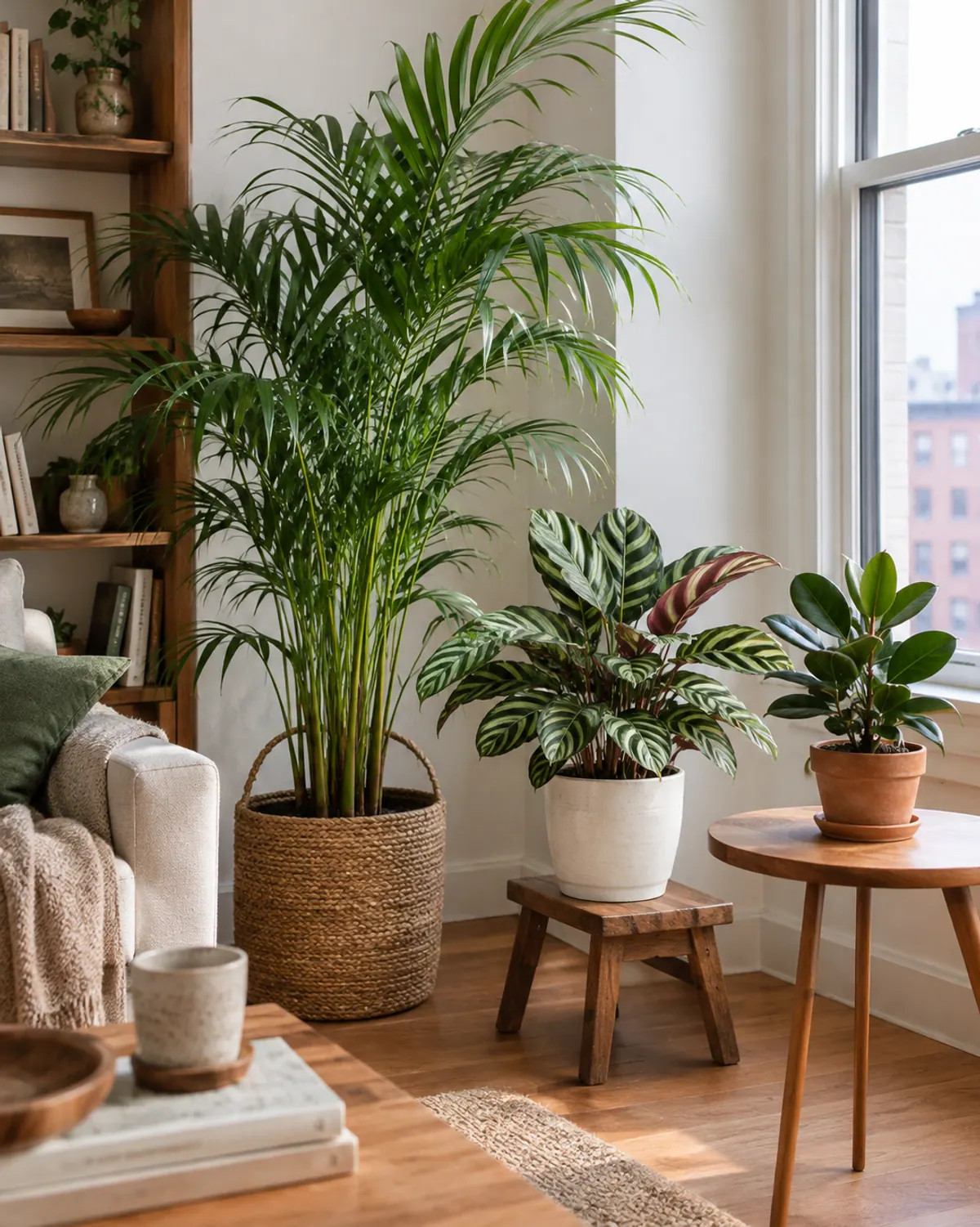 Living room corner with a tall parlor palm in a woven basket, a calathea on a wooden stool and a small plant on a side table